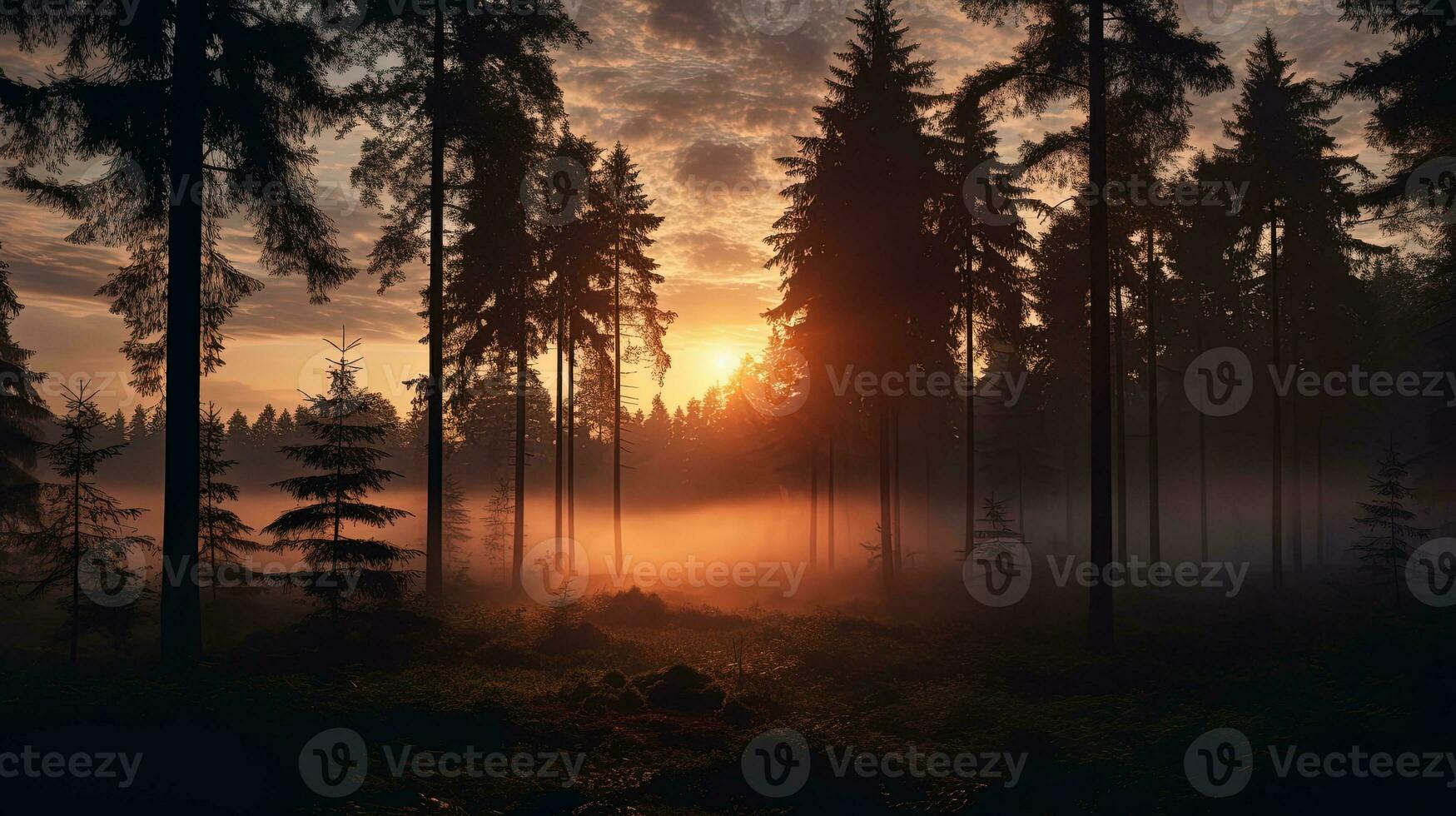 neblig Sommer- Morgen Sonne steigend im ein Wald. Silhouette Konzept foto