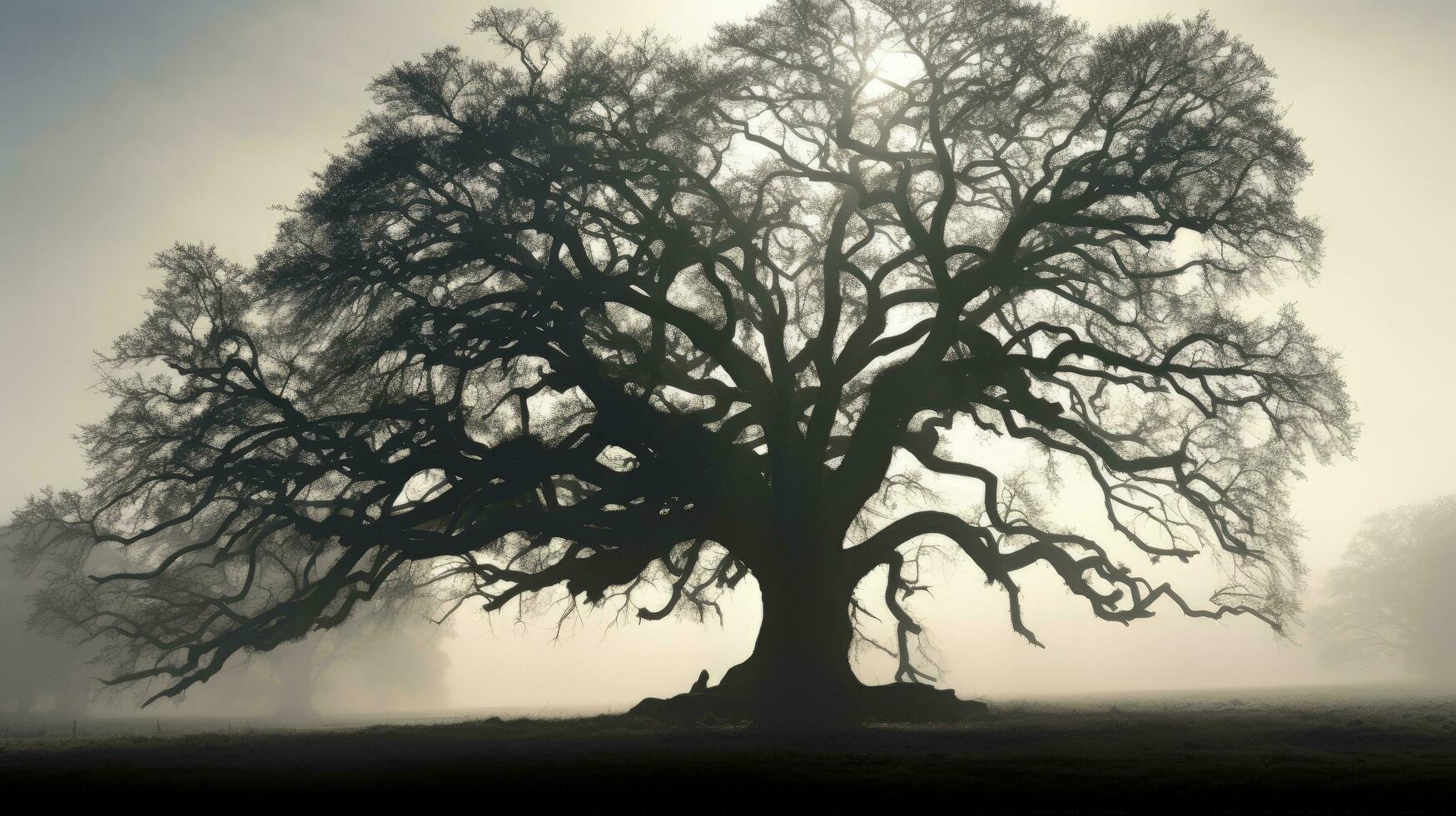 nebelig Tag mit Silhouette von ein Eiche Baum foto
