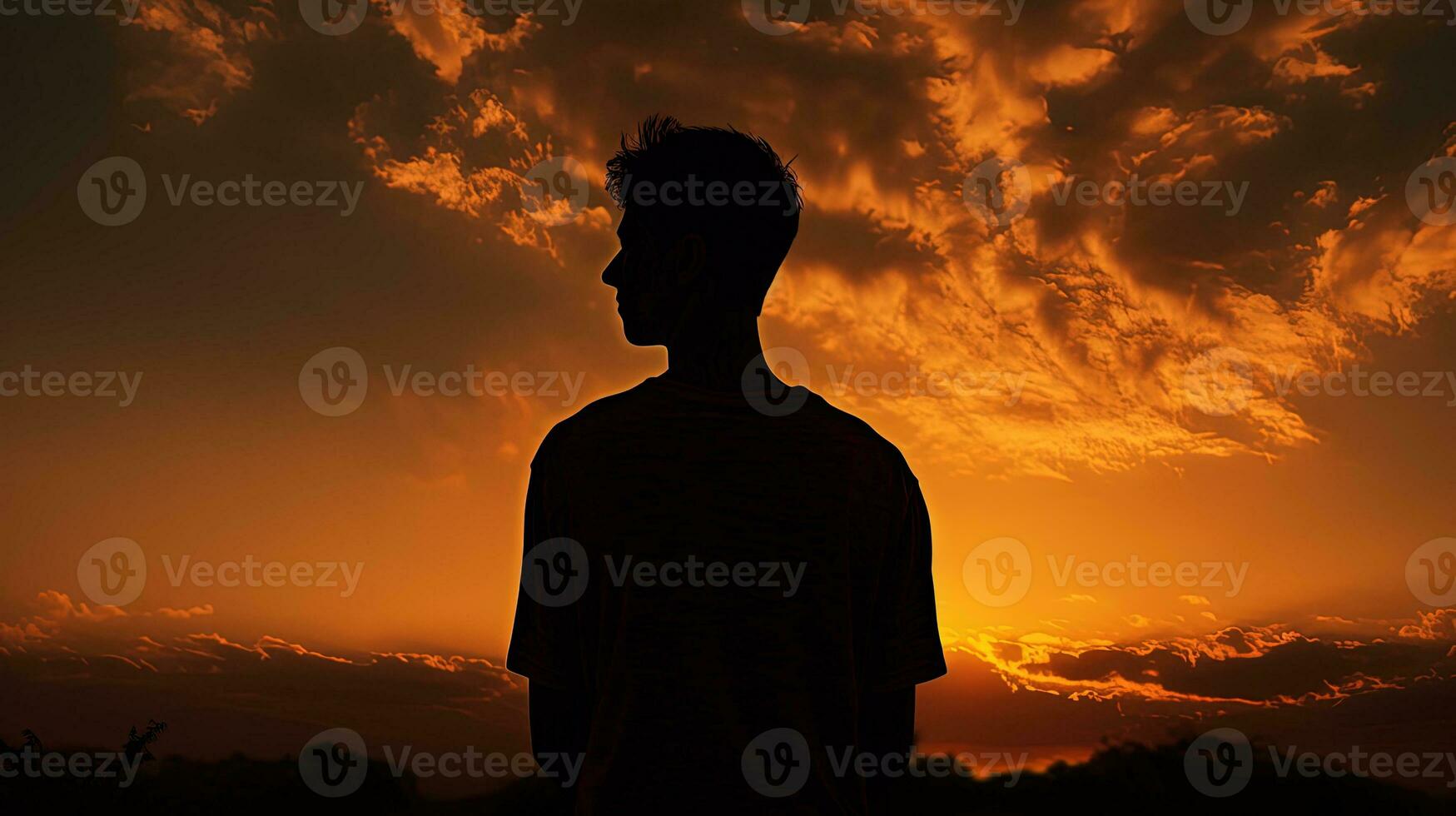 Silhouette von ein Junge während Sonnenuntergang foto