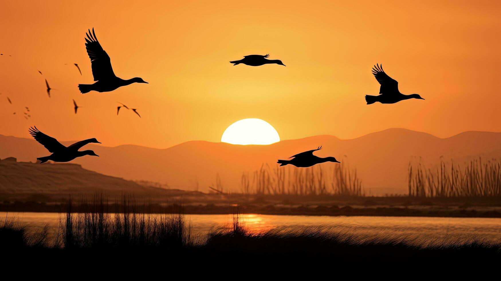 kanadisch Gänse fliegend Über Tierwelt Zuflucht im Kalifornien während Sonnenuntergang. Silhouette Konzept foto