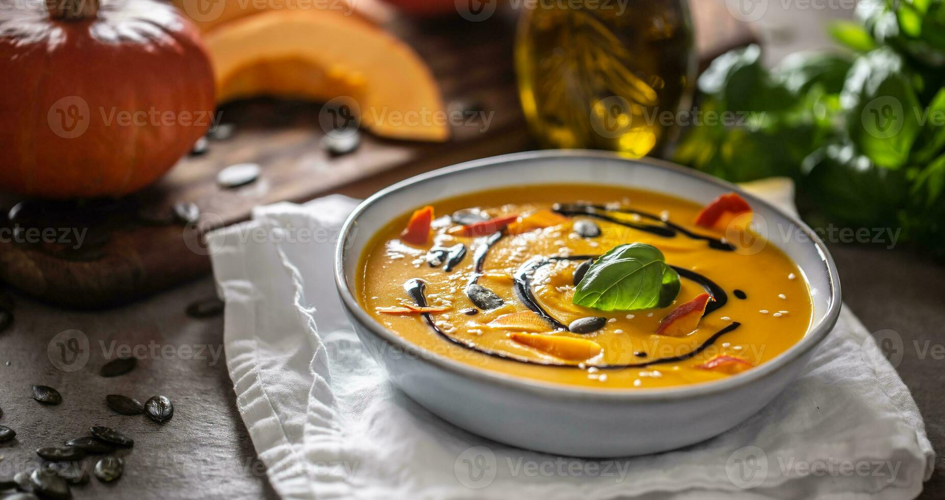 hausgemacht Kürbis Suppe im Schalen mit. Herbst Hokkaido Suppe mit Balsamico Essig foto