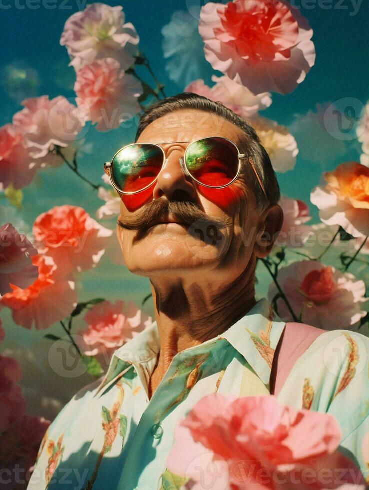 Porträt Männer Rose Blumen Männer alt retro Künstler modern Sonnenbrille Exzenter Gesicht Maske schwarz foto