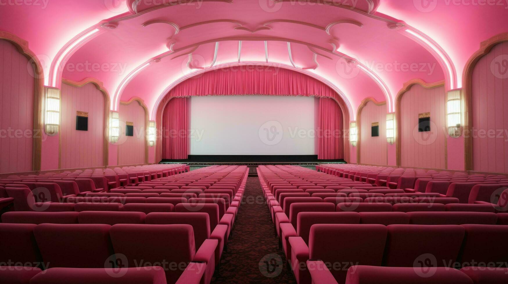 leeren Rosa Kino Halle. Aussicht von leeren Kino Bildschirm mit rpink Stühle. foto