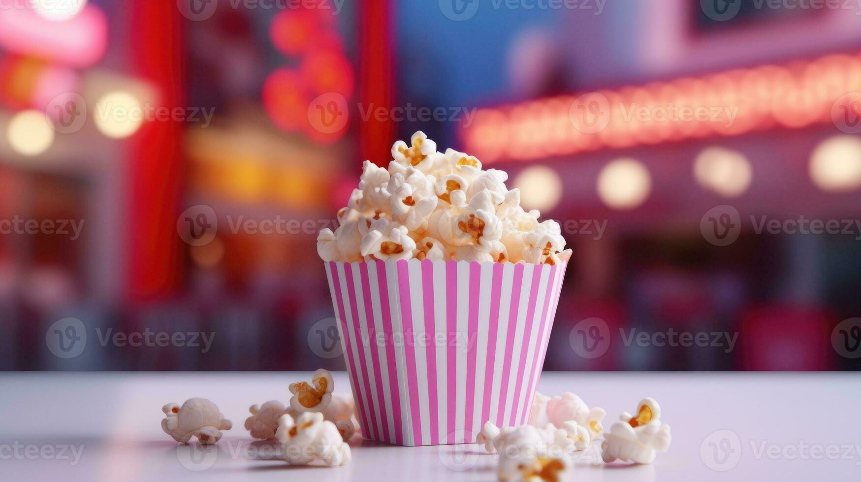 Popcorn im ein Eimer auf ein Rosa verschwommen Hintergrund im Kino Halle foto