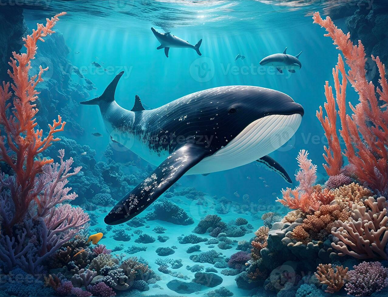 wunderbar und schön unter Wasser Welt mit Wal, Korallen und tropisch Fisch. foto