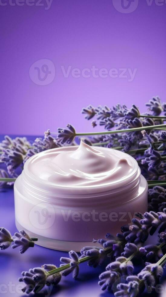 natürlich Lavendel kosmetisch Creme. Feuchtigkeitscreme mit Lavendel, lila ai Hintergrund foto
