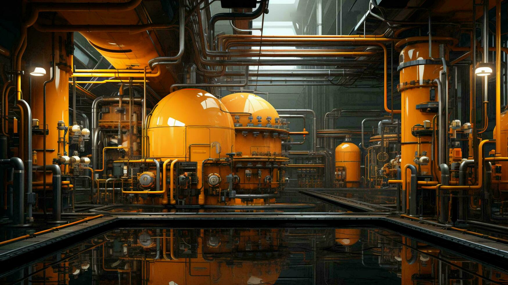 modern chemisch industriell Ausrüstung, Destillation Säulen, Panzer, Hitze Austauscher, Pipelines mit Ventile beim ein Öl Raffinerie petrochemisch Pflanze. ai generiert foto