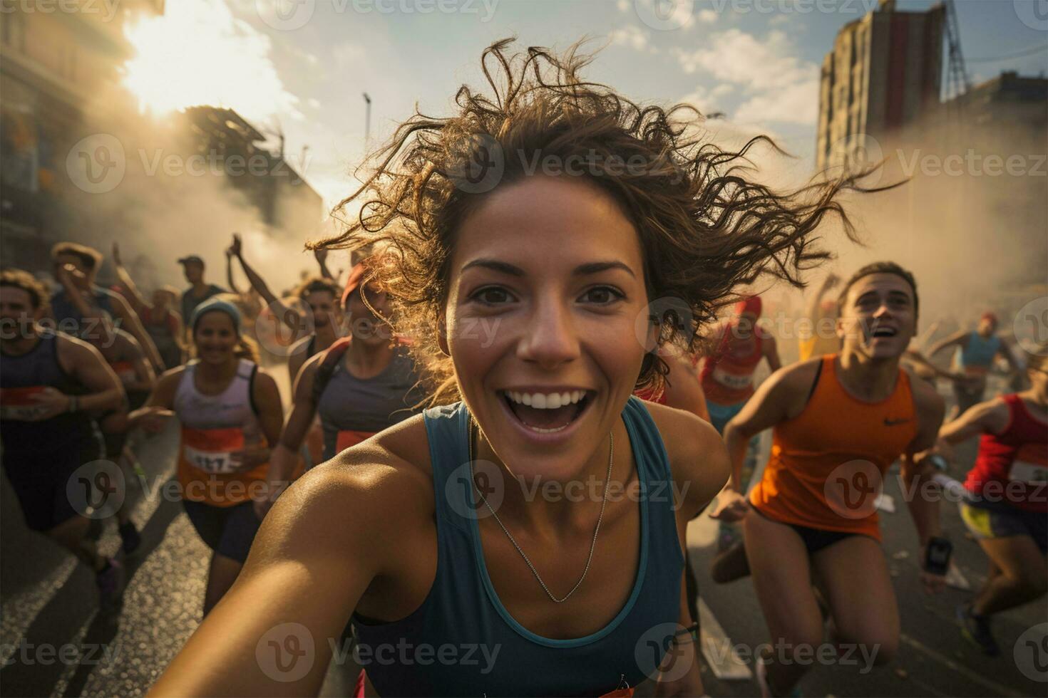 multiethnisch Gruppe von Menschen Laufen im das Stadt beim früh Morgen ai generiert foto