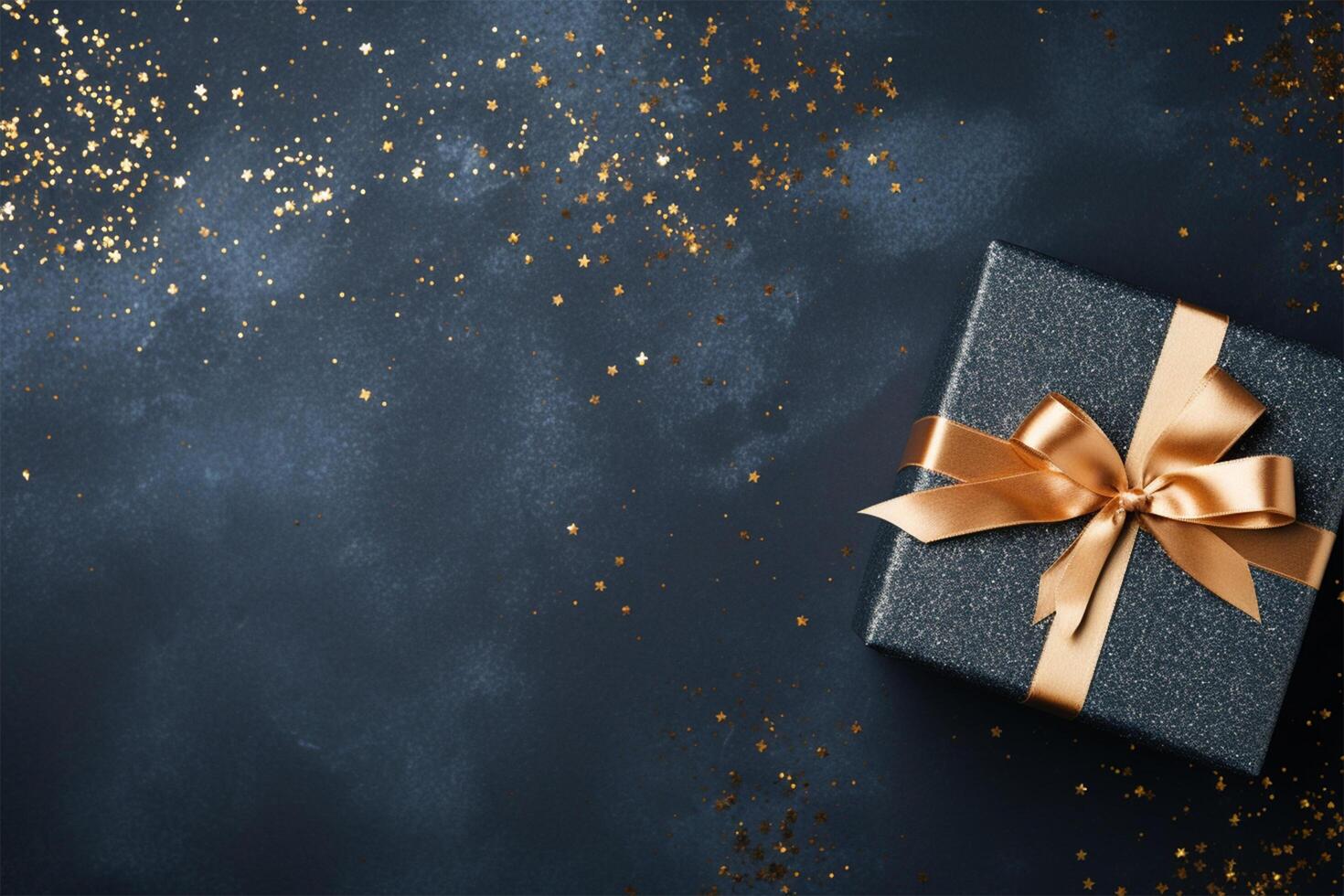 ai generiert elegant Blau Geschenk Box mit golden Bogen auf ein dunkel Blau Hintergrund, Kopieren Raum. Geschenk Kasten, oben Sicht. foto