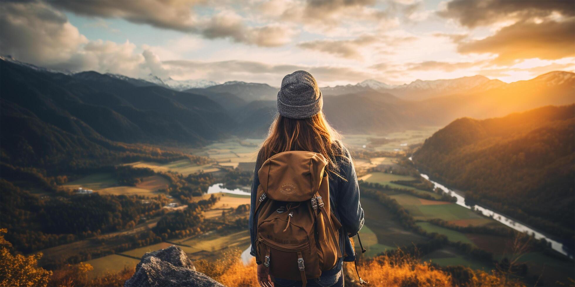 ai generativ jung Reisender Frau Backpacker beim oben von Berg und Meer Aussicht foto