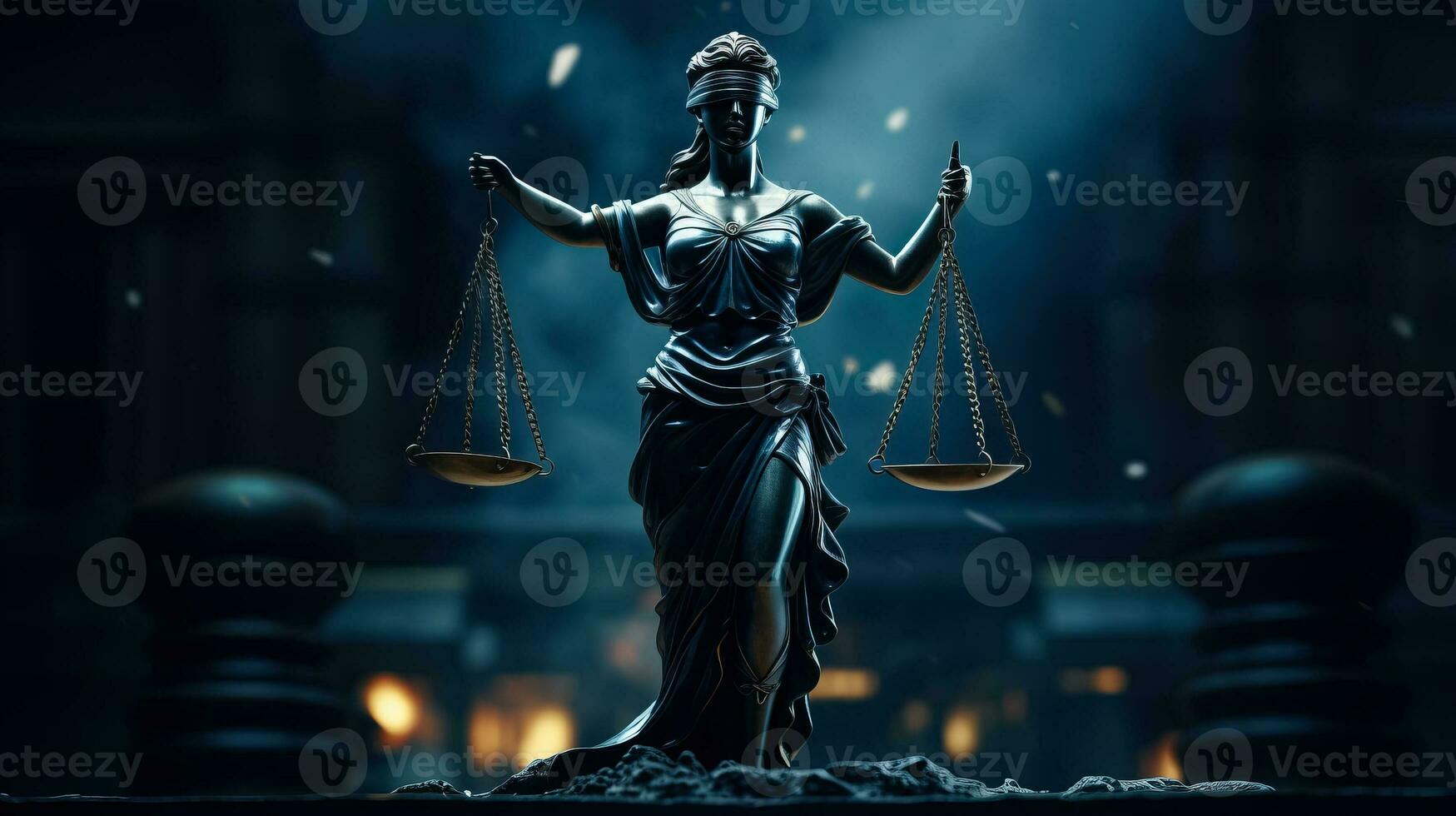 Dame von Gerechtigkeit Statue mit verbundenen Augen Wächter isoliert auf dunkel Blau Hintergrund mit ein Platz zum Text foto