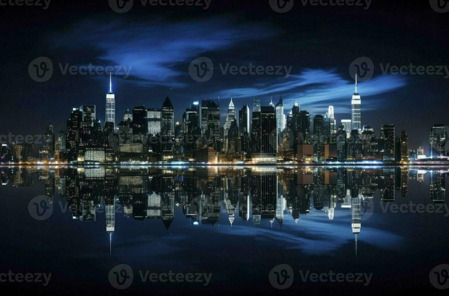 Panorama- Horizont und modern kommerziell Gebäude, Stadtbild beim Nacht Betrachtung auf das Wasser. generativ ai foto