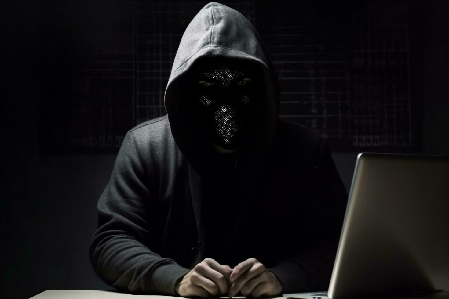 anonym Hacker mit Kapuze und Maske Sitzung Nächster zu Computer generativ ai foto