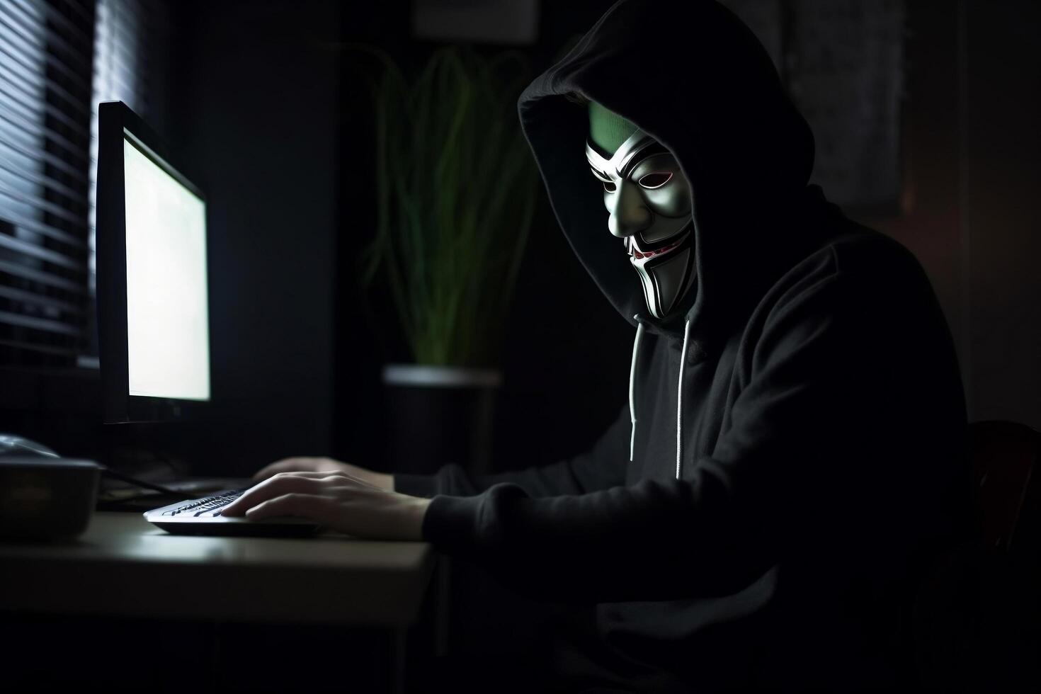 anonym Hacker mit Kapuze und Maske Sitzung Nächster zu Computer generativ ai foto