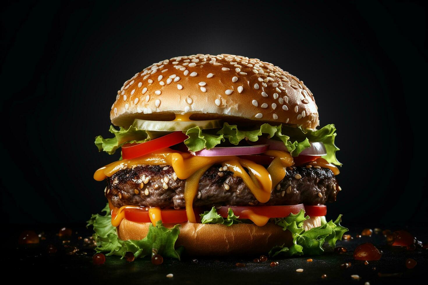 lecker Burger auf das hölzern Tafel mit dunkel Beleuchtung und schwarz Hintergrund. Essen und Lieferung Konzept. generativ ai foto