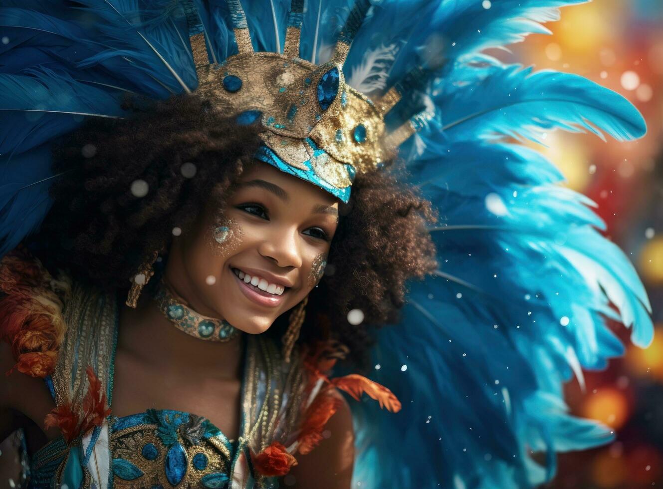 Mädchen mit Gefieder gekleidet oben beim Karneval foto