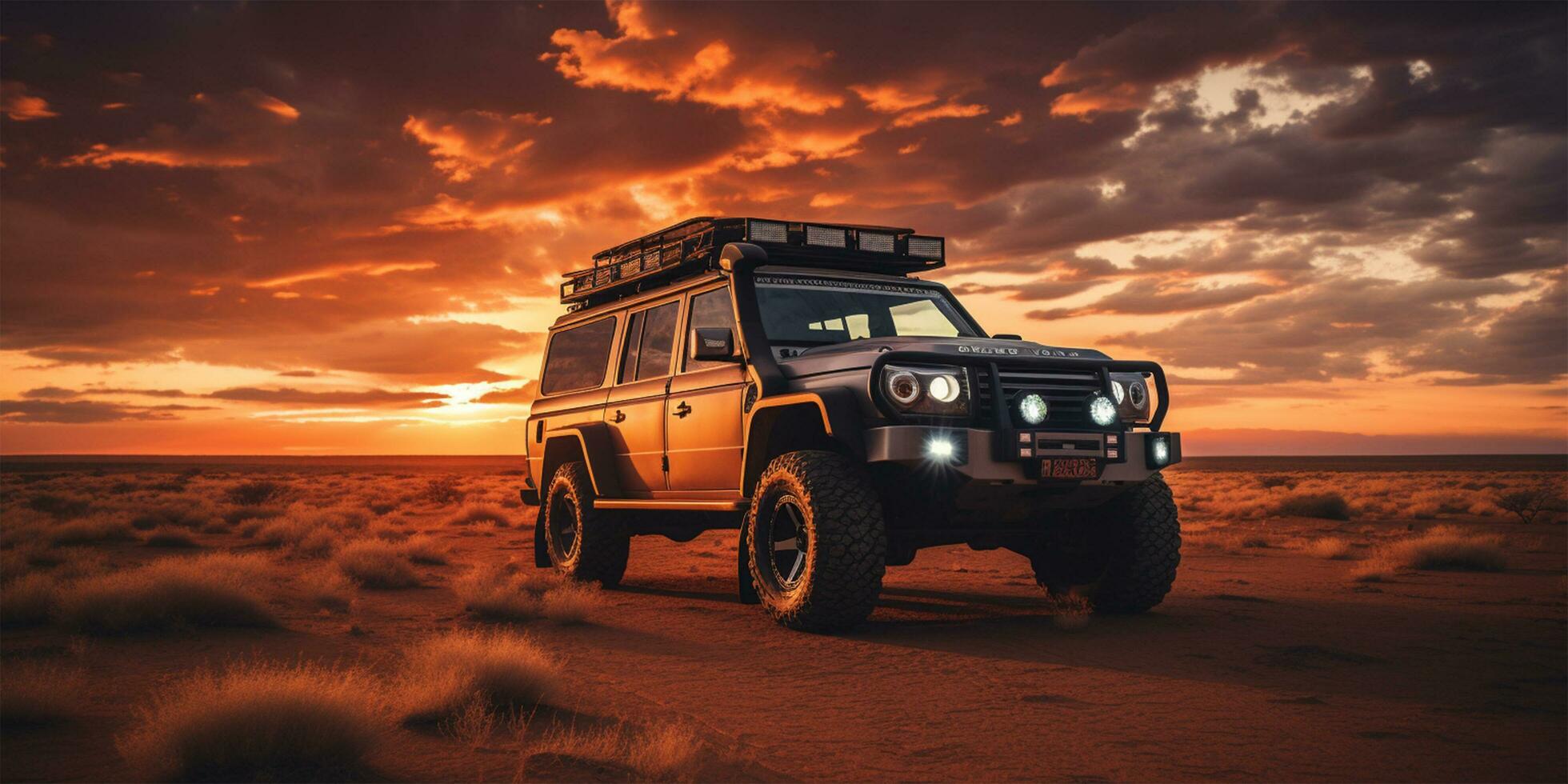 afrikanisch Safari Fahrzeug stoppt im Wüste zum dramatisch Sonnenuntergang. ai generiert foto