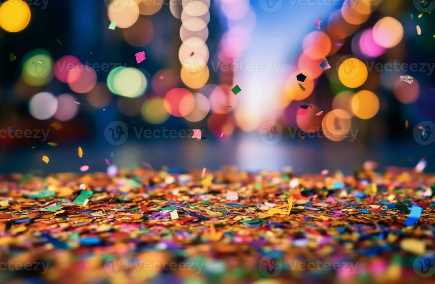 bunt Konfetti im Vorderseite von bunt Hintergrund mit Bokeh zum Karneval ai generiert foto