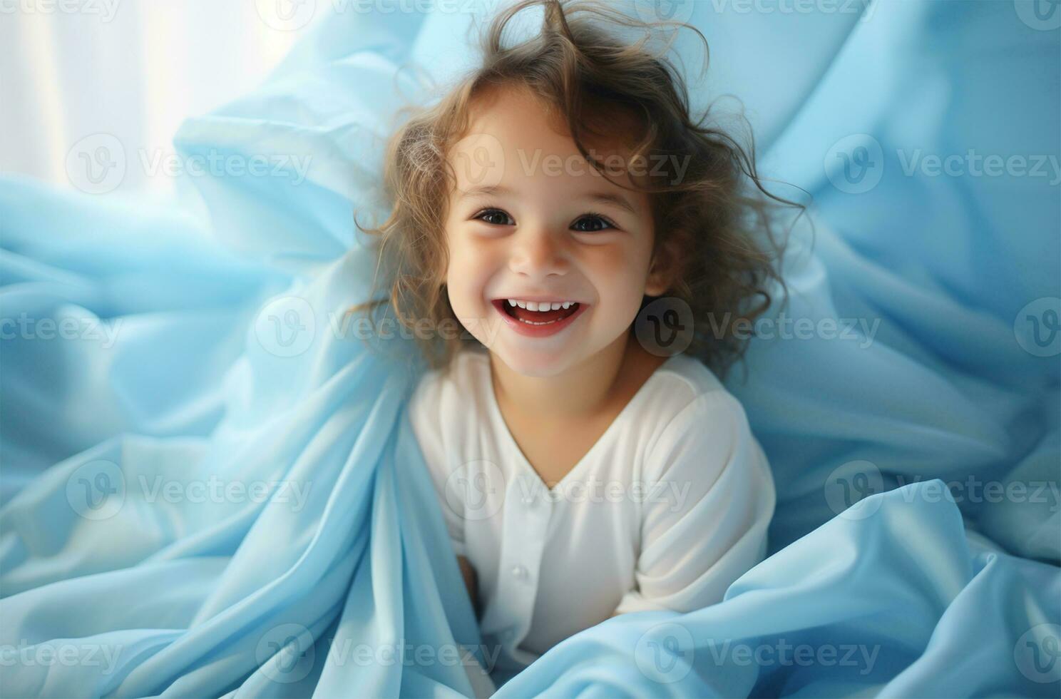 Porträt von ein süß wenig Junge auf ein Blau Stoff Hintergrund ai generiert foto