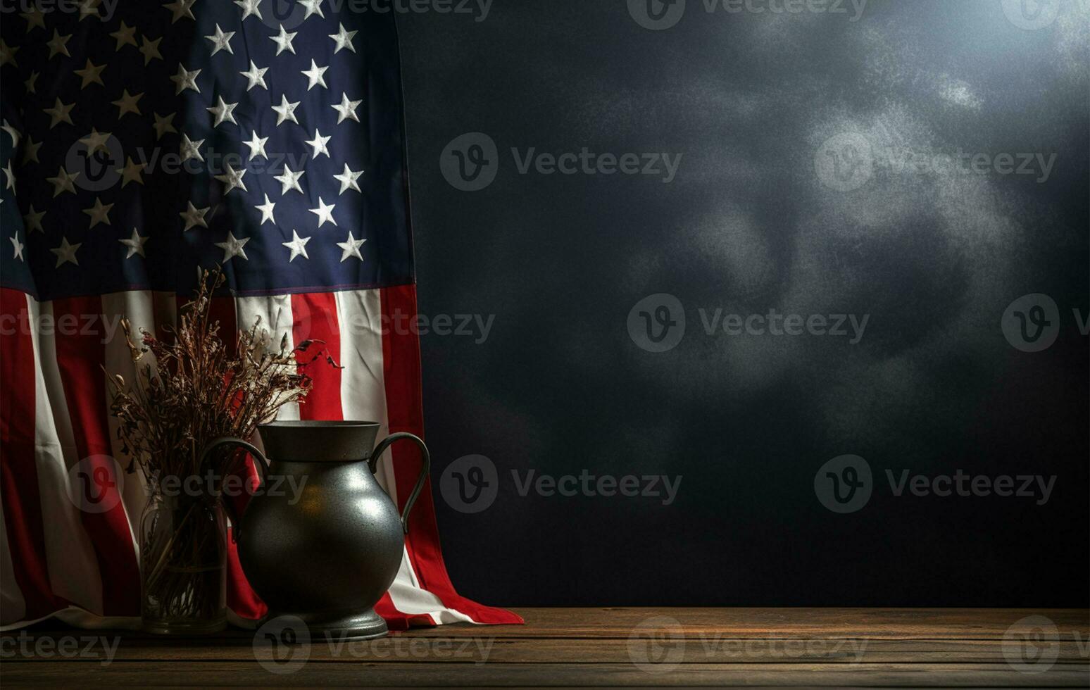 amerikanisch Flagge auf hölzern Tabelle gegen dunkel grau Hintergrund ai generiert foto