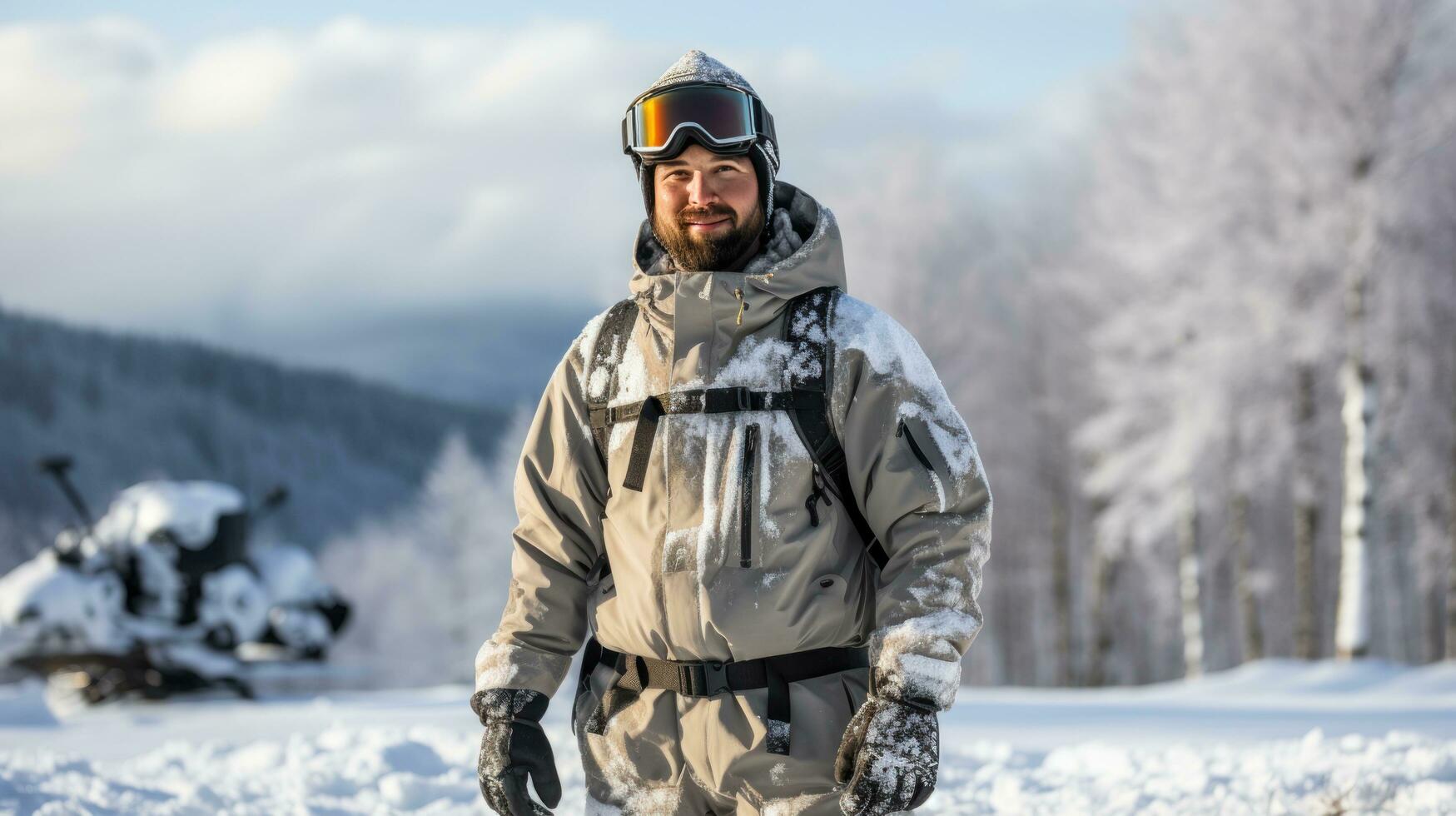Mann im Ski Brille Fahrten ein Snowboard von ein schneebedeckt Berg foto