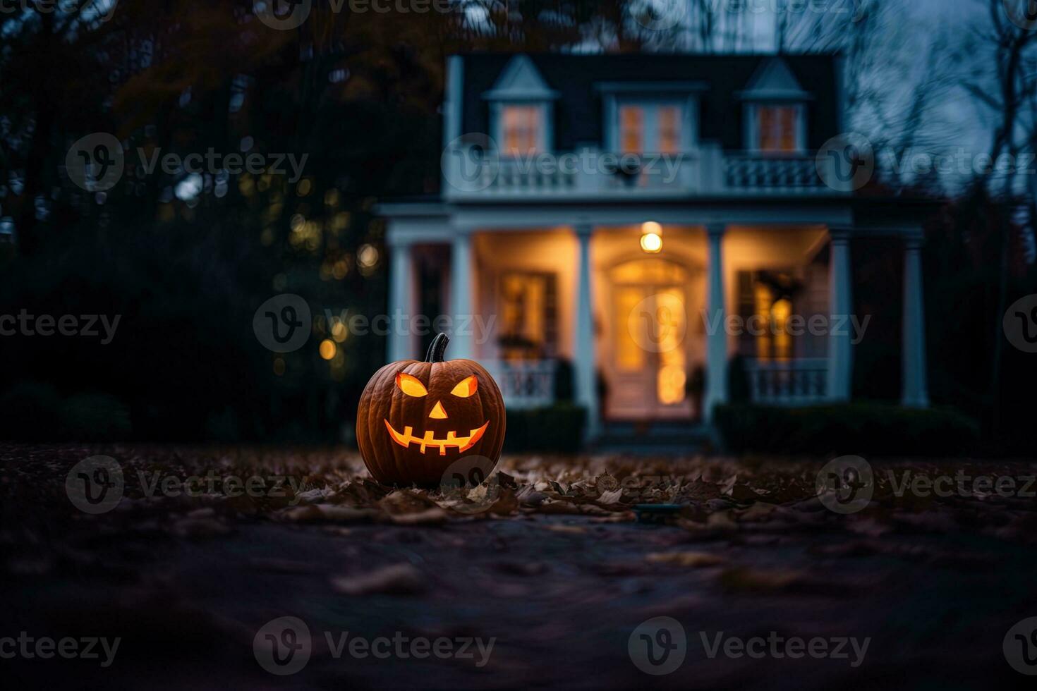 Halloween Kürbisse im Vorderseite von ein Haus ai generiert foto