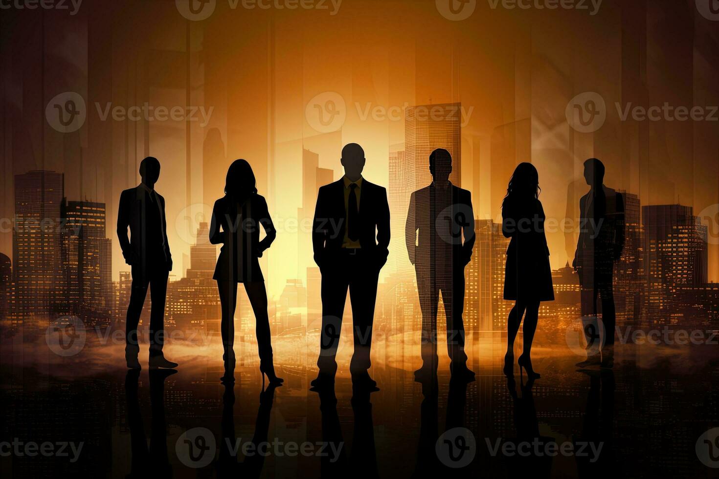 Silhouetten von Geschäft Menschen Stehen im Vorderseite von das Stadt Hintergrund ai generiert foto