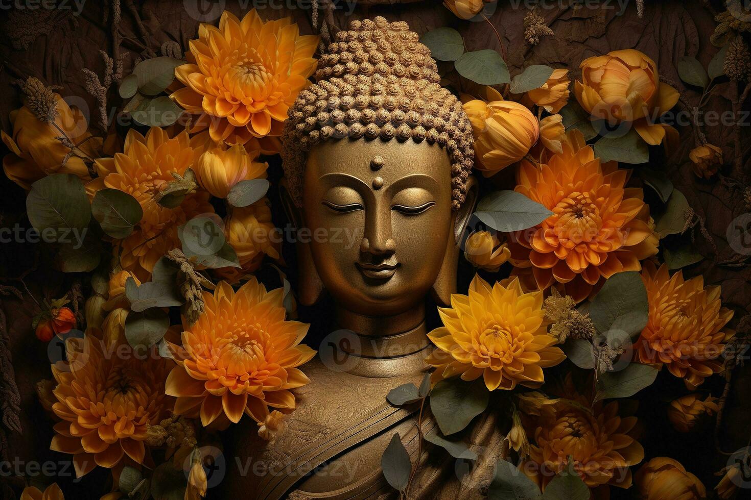 Buddha Statue umgeben durch Gelb Blumen ai generiert foto
