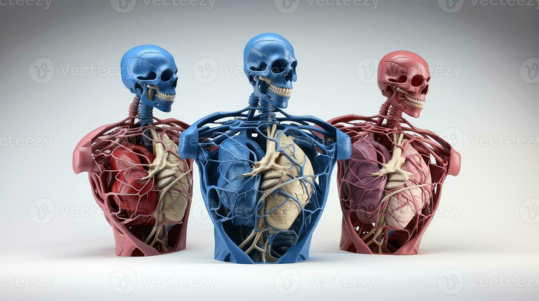 3d Illustration Attrappe, Lehrmodell, Simulation von das Mensch Organ System, Anatomie, nervös, Kreislauf, Verdauungs, Ausscheidung, Harn und Knochen Systeme. medizinisch Bildung Konzept, generativ ai Illustration foto