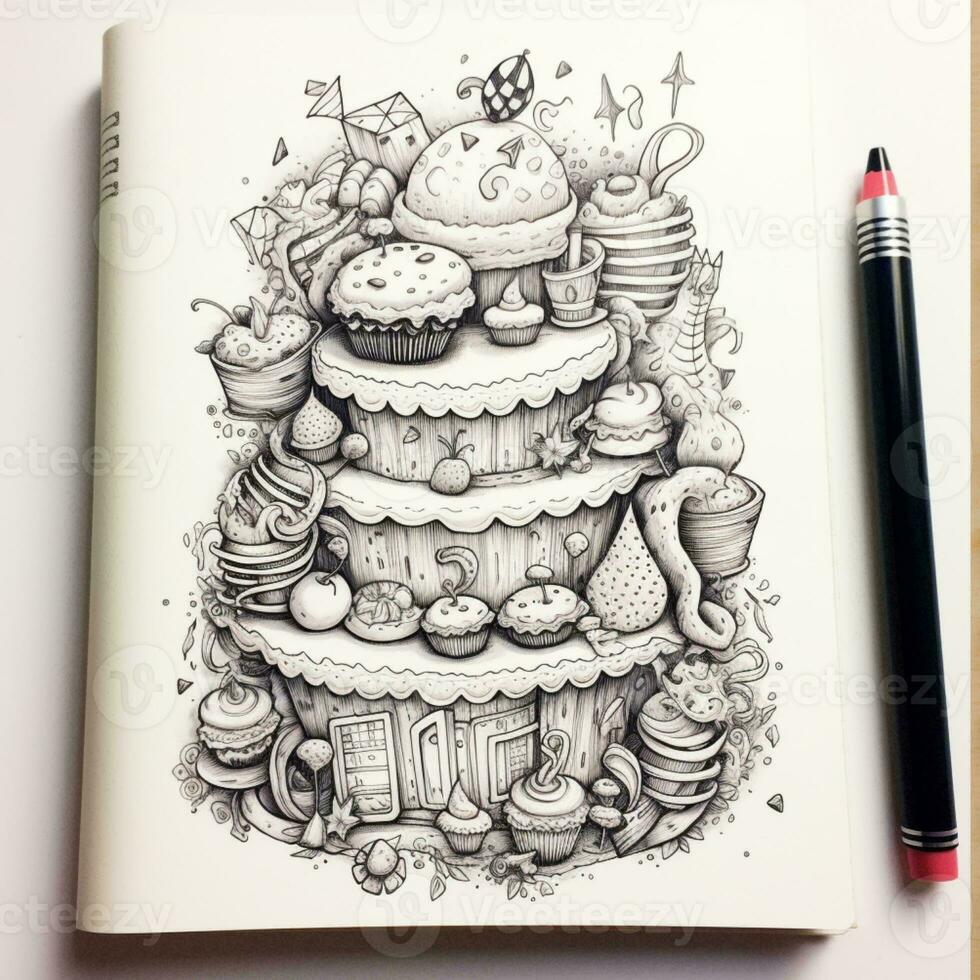 ein Zeichnung von ein Kuchen mit ein Vielfalt von Artikel foto