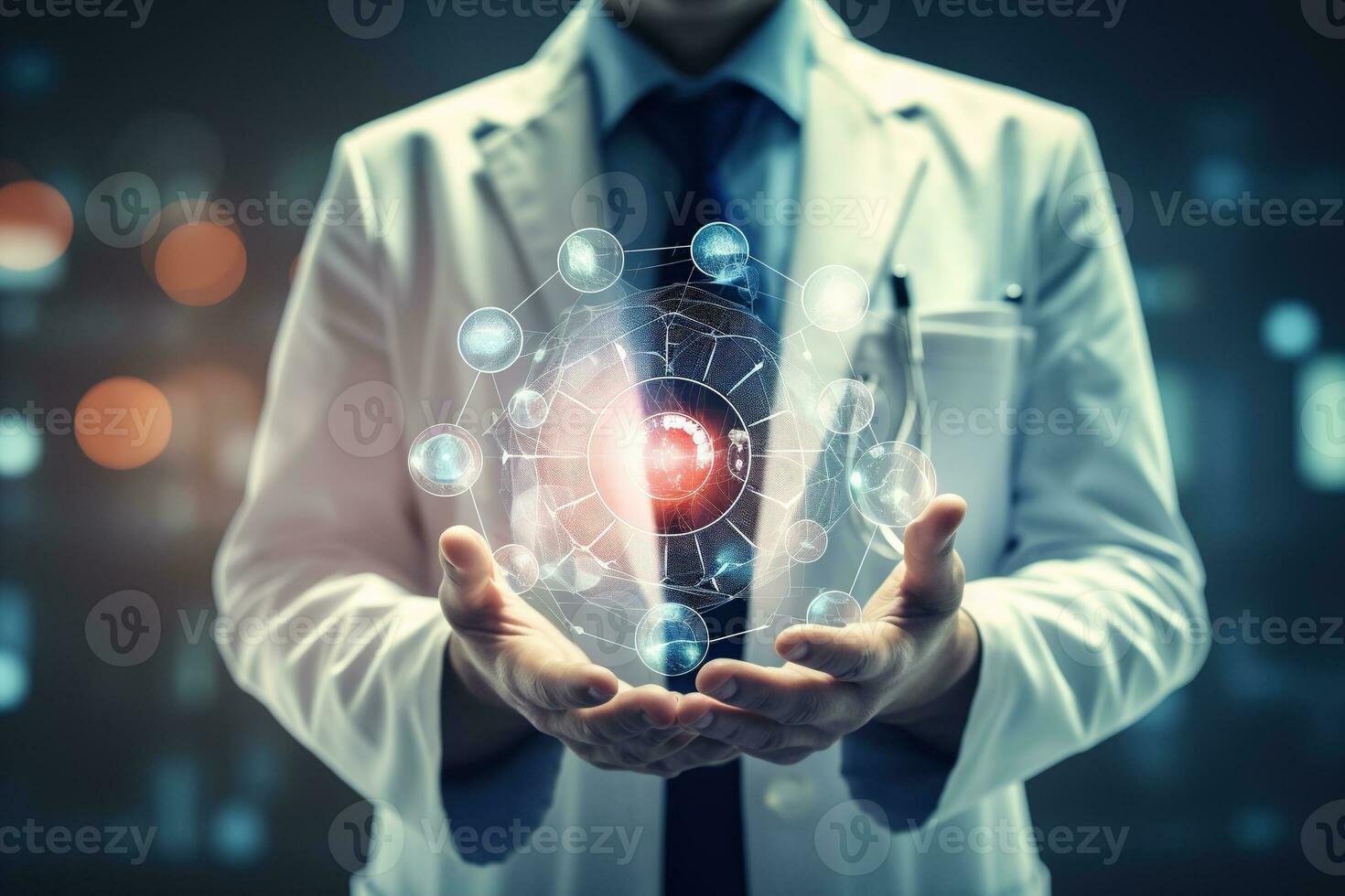 Arzt Hand halten virtuell medizinisch Gesundheit Pflege Symbole mit medizinisch Netzwerk Verbindung ai generativ foto