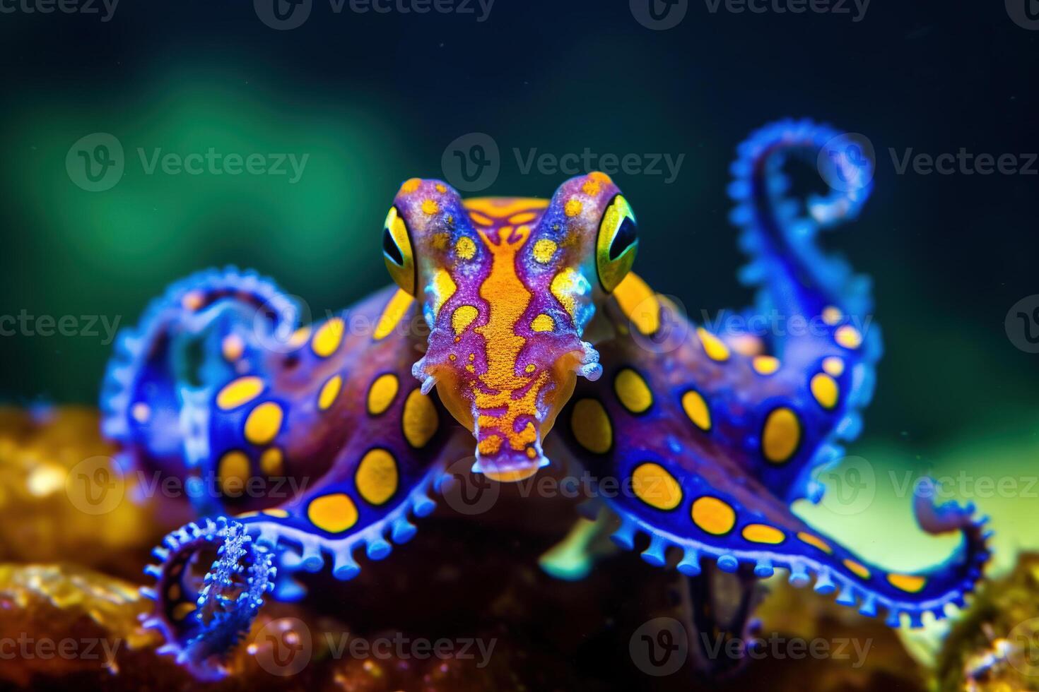 blauberingt Tintenfisch Baden, unter Wasser Fotografie ai generativ foto