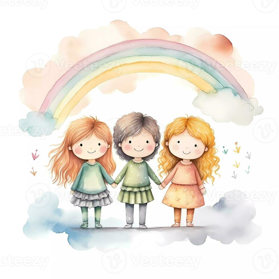 einstellen von glücklich Kinder spielen zusammen unter Regenbogen. glücklich Kinder- Tag. Freundschaft Thema. Aquarell Stil foto