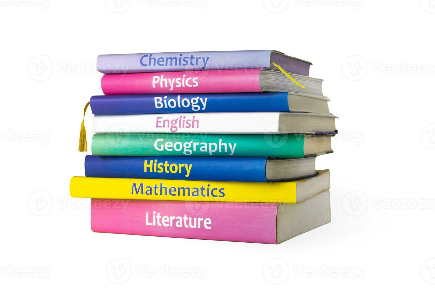 Schule bunt Lehrbücher isoliert auf Weiß Hintergrund. Bücher sind gestapelt. Basic Schule Fächer Mathematik, Literatur, Physik Chemie foto