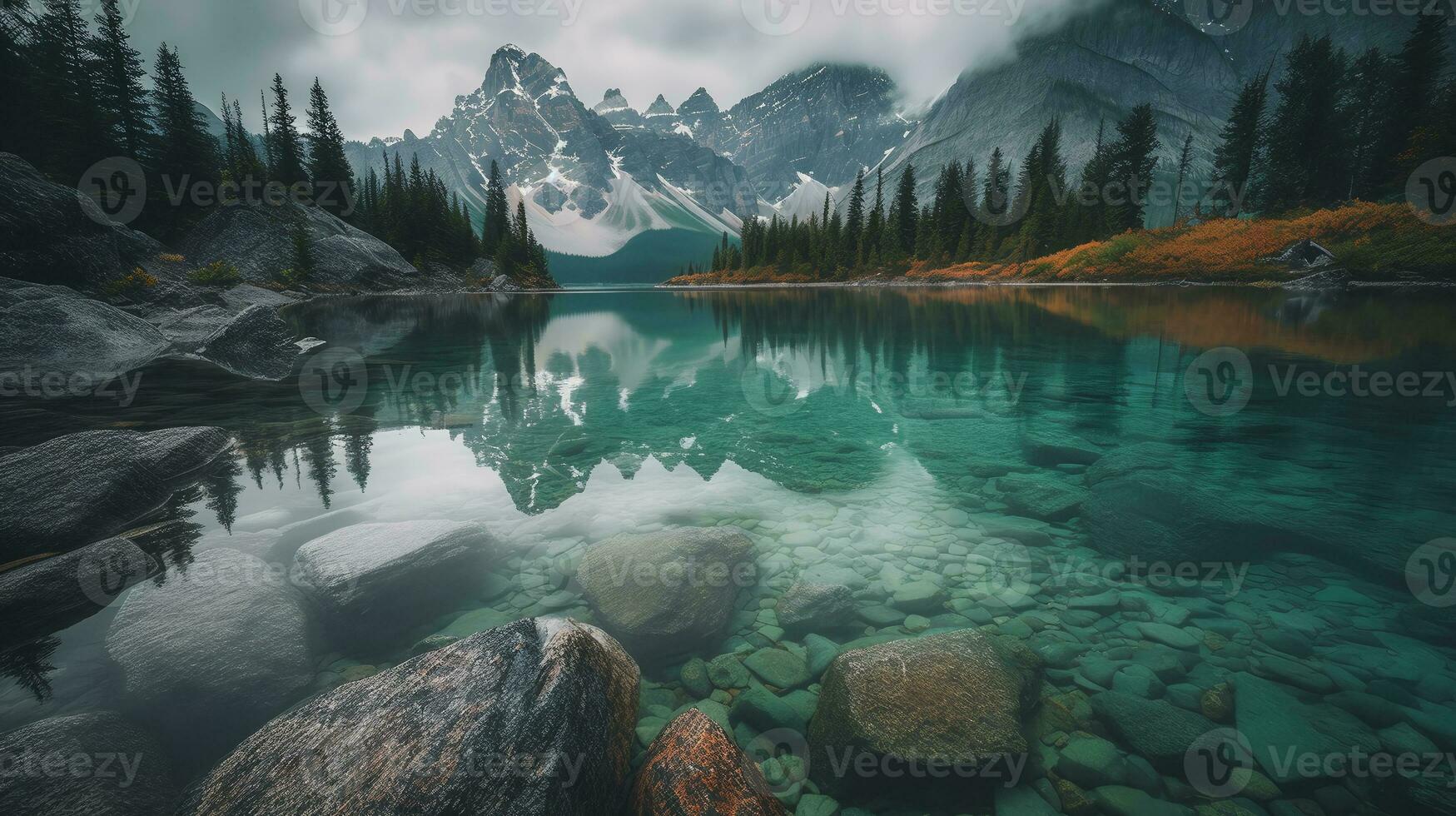 Panorama von ein See im banff National Park, Alberta, Kanada. ai generativ foto