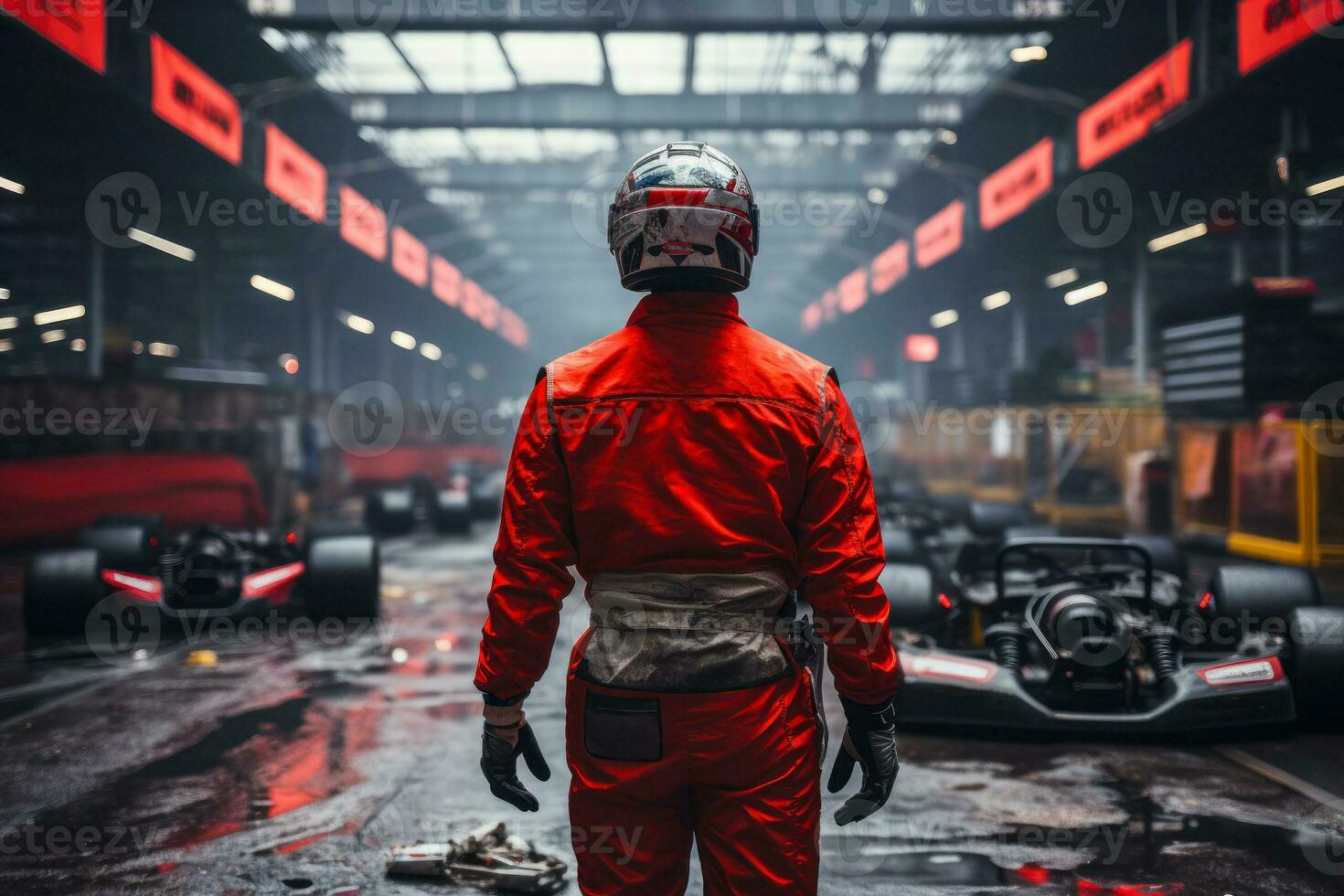 Rennfahrer im ein Helm und ein rot passen im das Mitte von ein Rennen Spur generativ ai foto