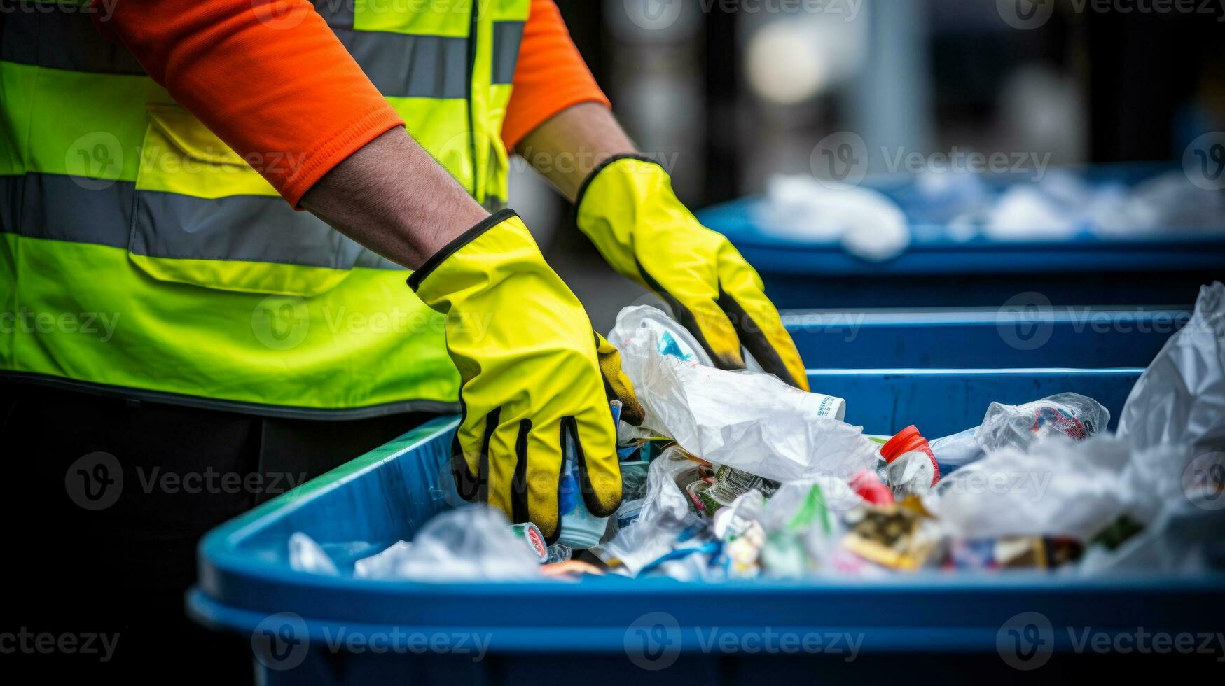Nahansicht von ein Arbeitskräfte Hände im Gummi Handschuhe Sortierung Abfall beim das Fabrik generativ ai foto