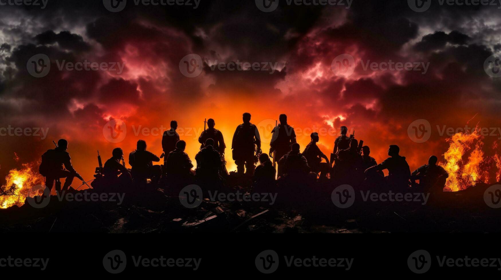 Militär- Soldat Brigade Silhouette auf Sonnenuntergang Hintergrund generativ ai foto