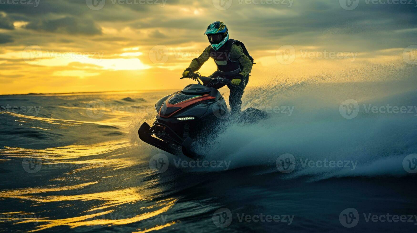 Mann haben Spaß auf Jet Ski im das Meer generativ ai foto