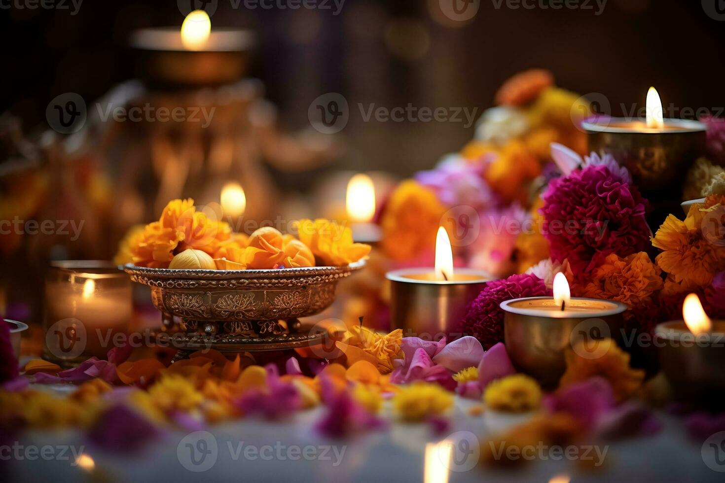 Diya Lampen sind zündete während das Feier von Diwali mit Blumen im das Hintergrund. ai generativ foto