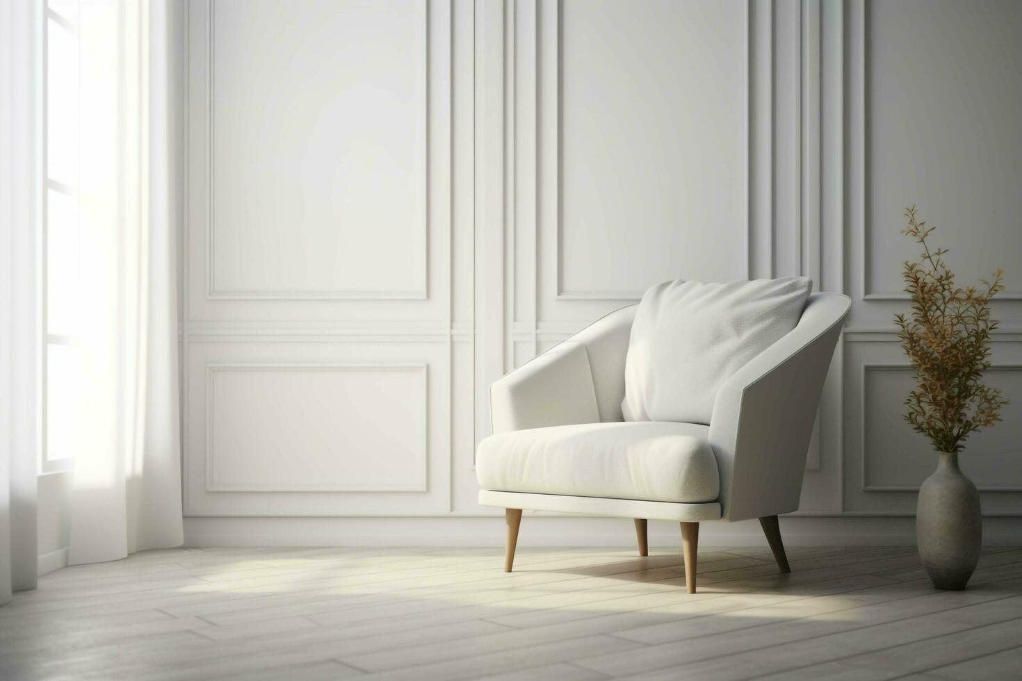 leeren Weiß Mauer Hintergrund mit ein stilvoll Sessel im ein modern Innere, ai generiert foto
