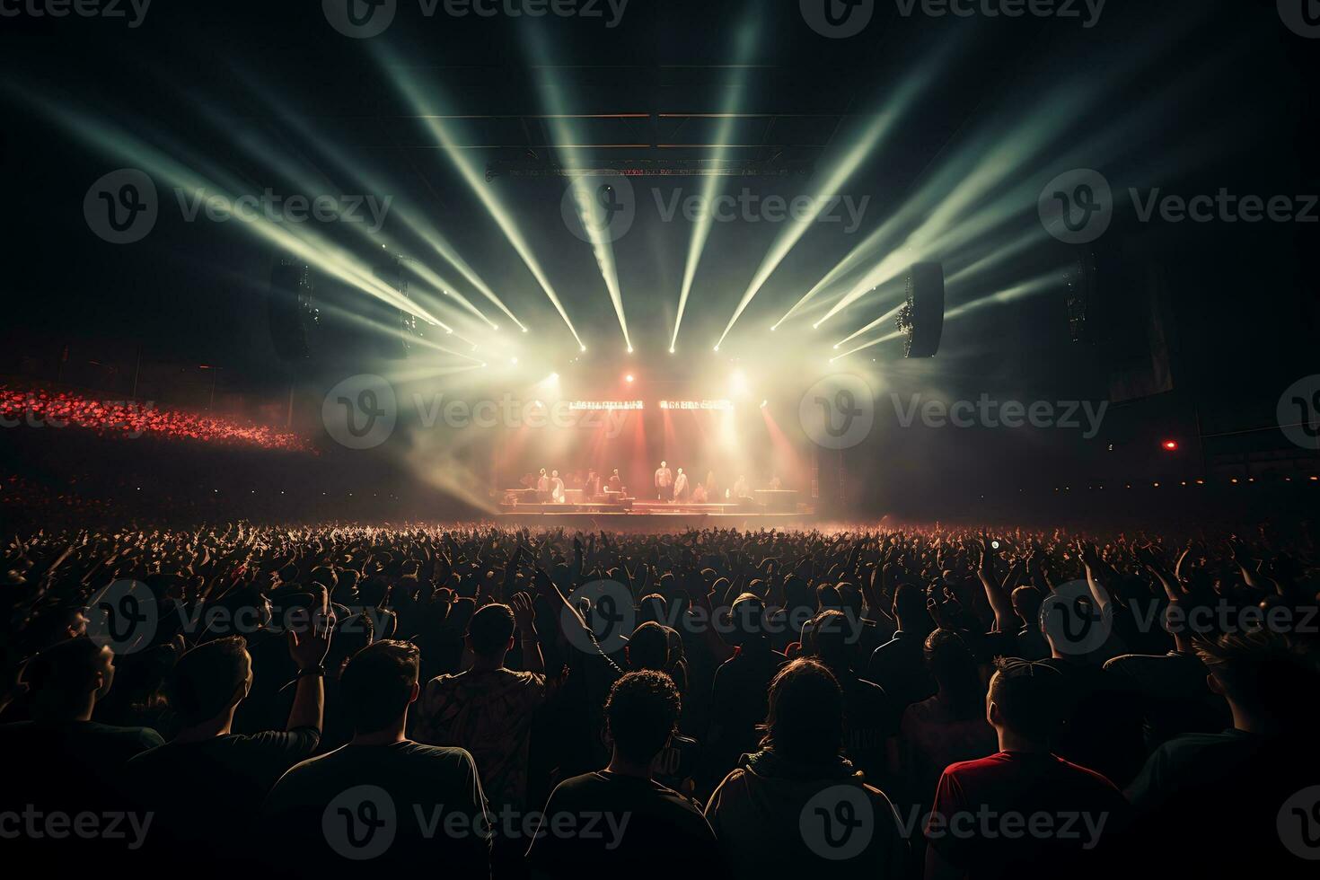 Gruppe von Menschen beim ein Konzert Menge. mit Party Beleuchtung und Rauch. ai generiert foto