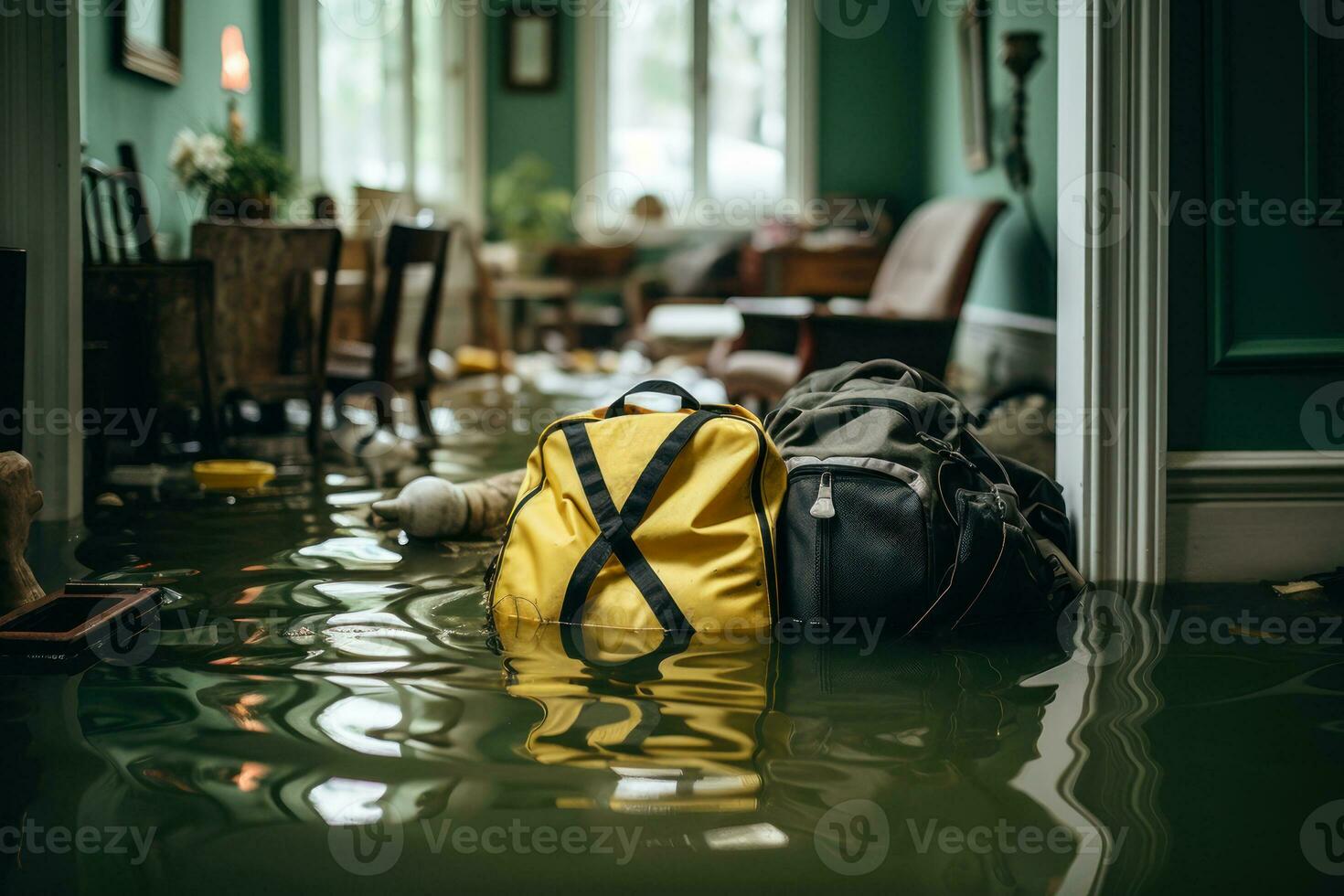 überflutet Zimmer im das Haus mit Dinge, Tsunami ruiniert Menschen Eigentum generativ ai foto