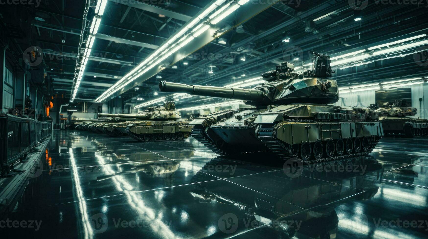 Militär- Panzer im Hangars, liefern von schwer Attacke Waffen generativ ai foto