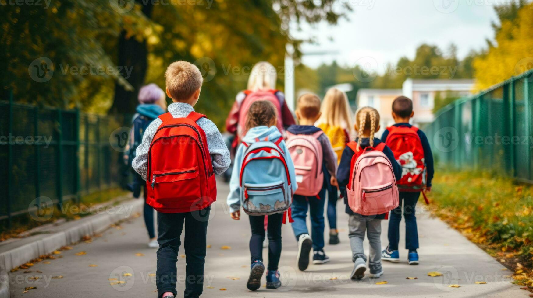 Gruppe von Kinder gehen zu Schule mit Rucksäcke zurück Aussicht generativ ai foto