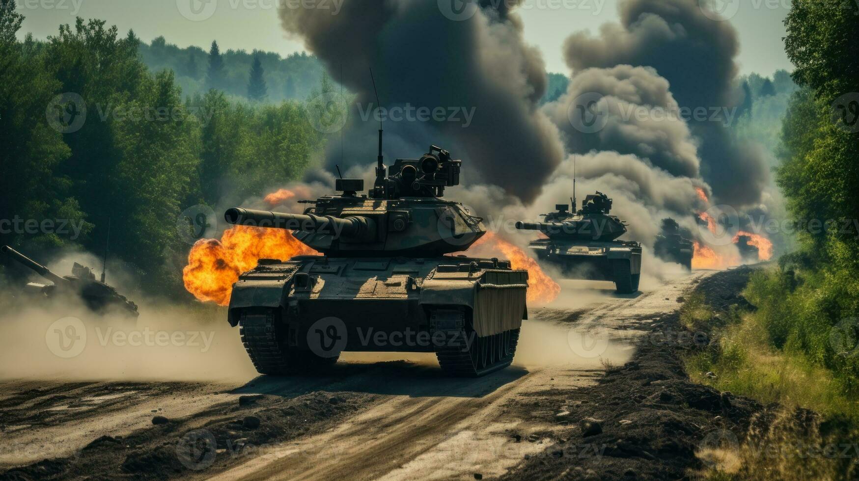 gebrochen Säule von Militär- Panzer, Feindseligkeiten generativ ai foto