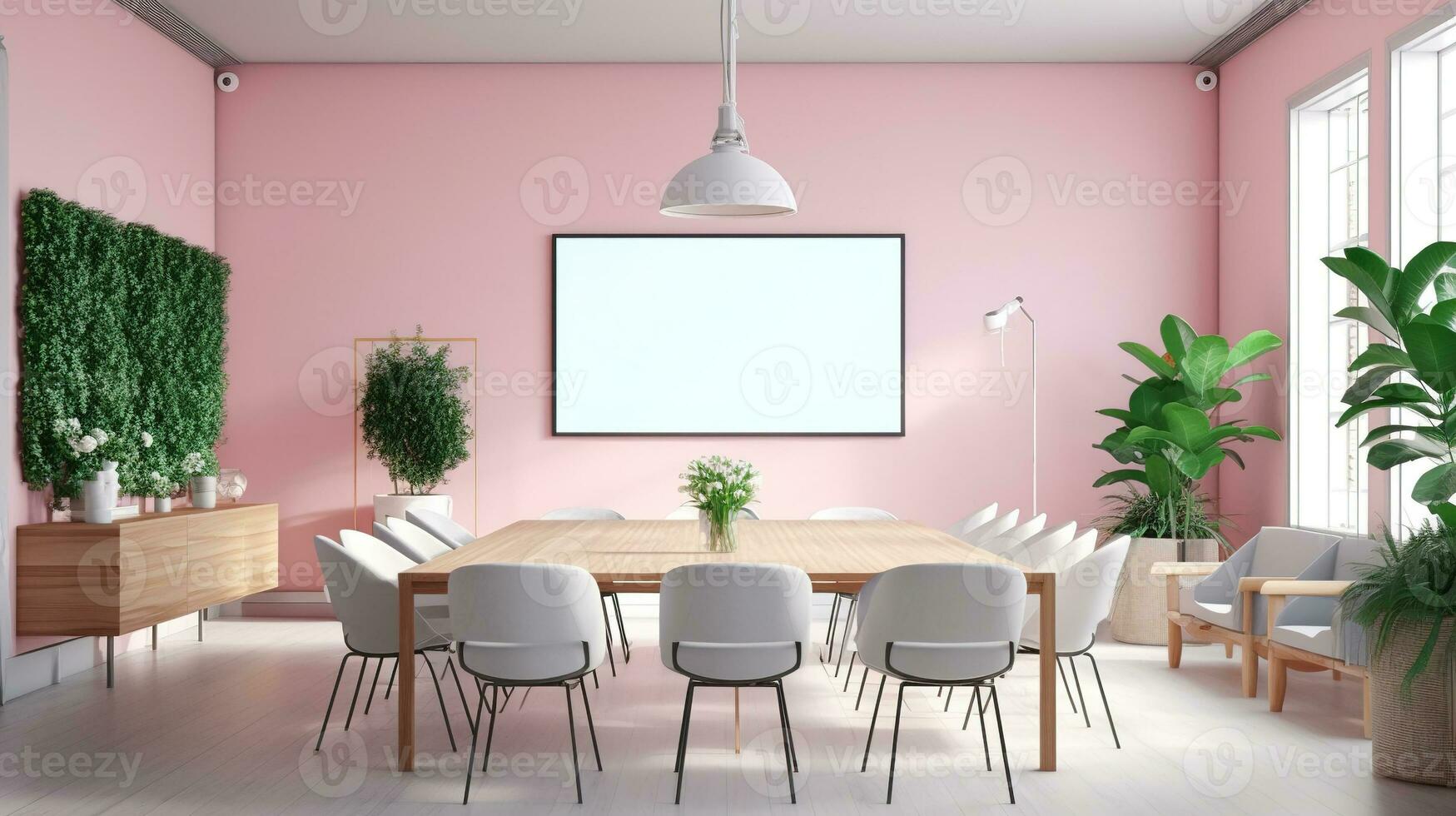 ein Attrappe, Lehrmodell, Simulation zum ein Single Rahmen Fernseher Weiß Bildschirm, Sanft Rosa Wand, Büro Treffen Zimmer. generativ ai foto