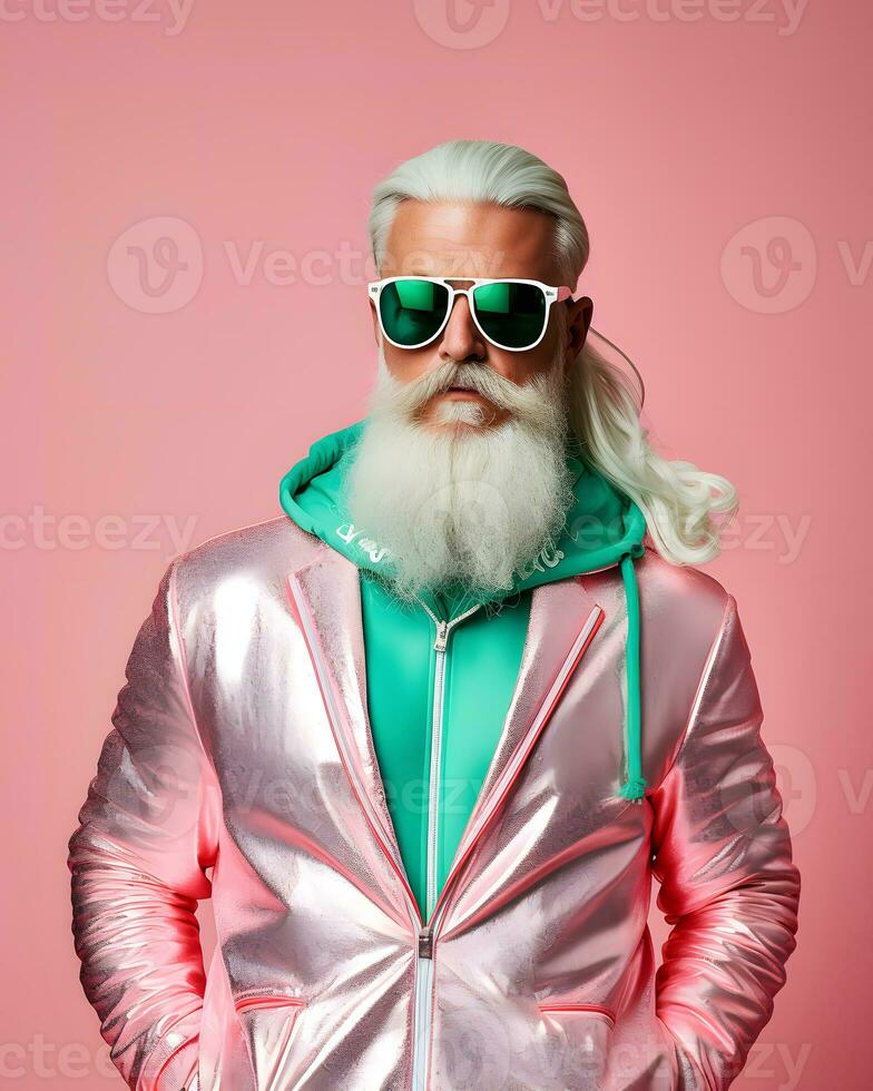Alten Gentleman mit schön Weiß Haar und Bart gekleidet im ein funkelnd Disko Anzug, städtisch Santa Klaus, Weihnachten Party Idee foto
