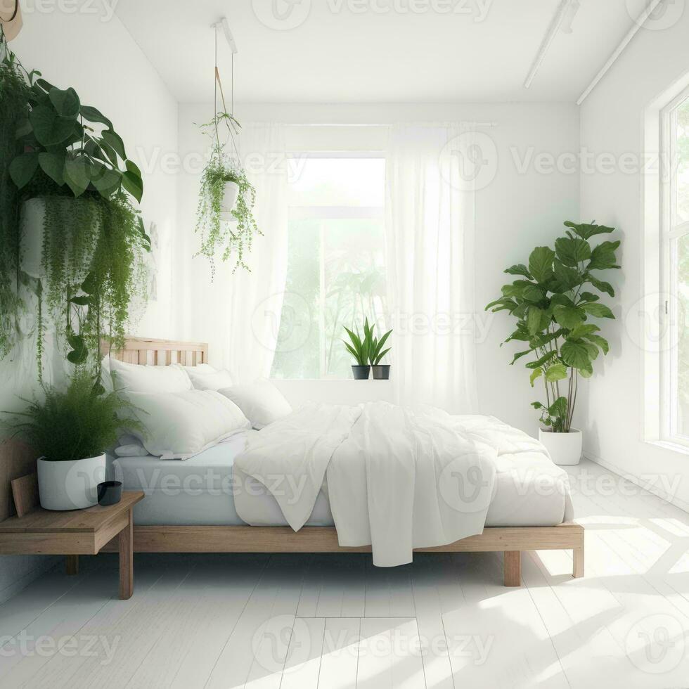Innere von ein Schlafzimmer mit Weiß Wände, hölzern Boden, Weiß Bett, und Pflanzen ai generiert foto