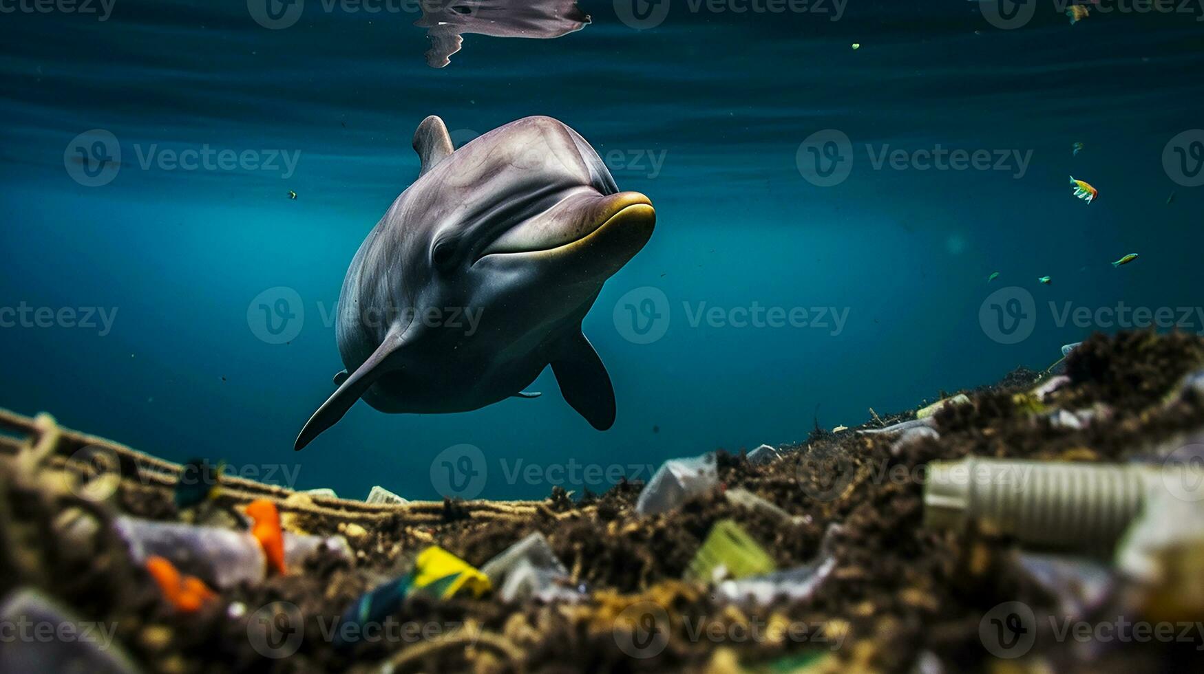 ein Delfin gefangen im ein Plastik Tasche im das Ozean. Umwelt Schutz. generativ ai foto